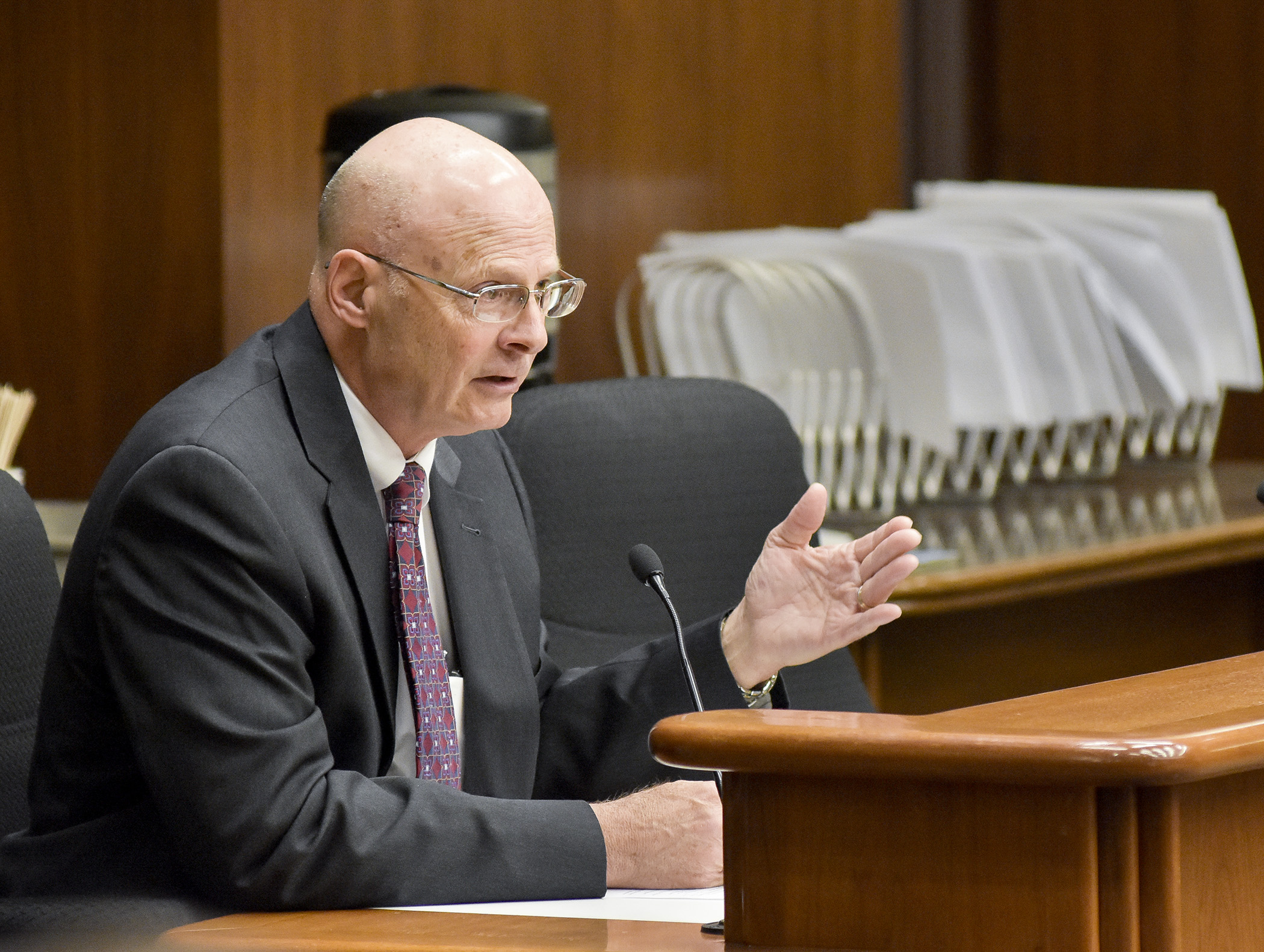 Department of Natural Resources Commissioner Tom Landwehr testifies before the House Environment and Natural Resources Policy and Finance Committee April 14 during discussion of the committee omnibus bill. Photo by Andrew VonBank